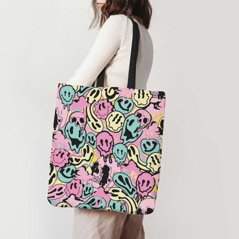Melted Neon Smiley Print Tote Bag in Pastel